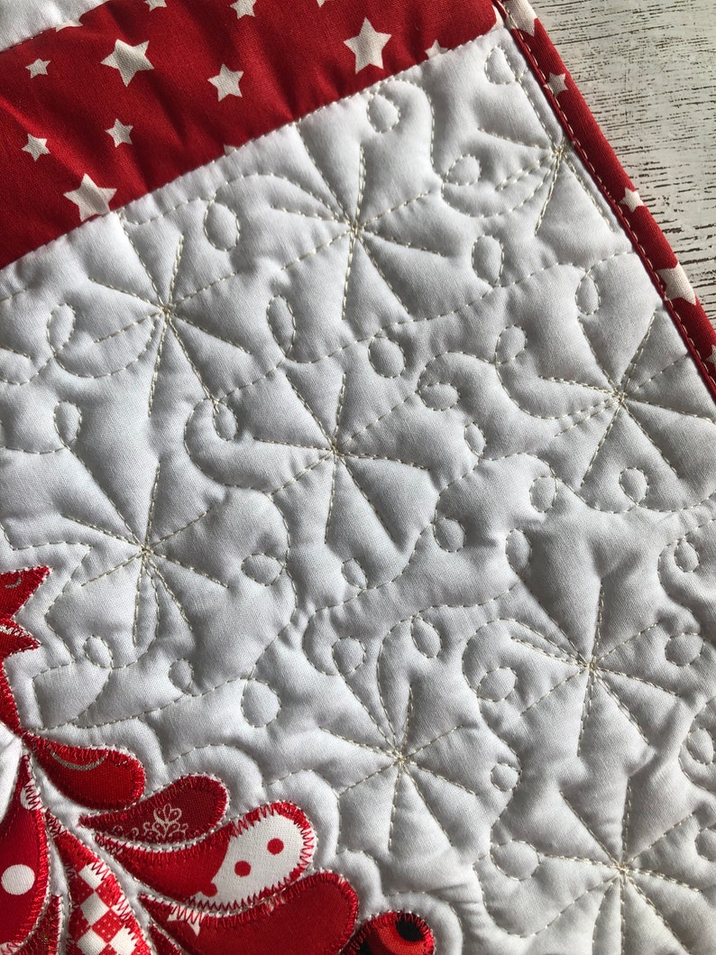 Christmas quilted long table runner, Christmas red tree, Xmas quilt, Santa runner, Table topper quilted, Bed runner, Winter quilted runner image 3