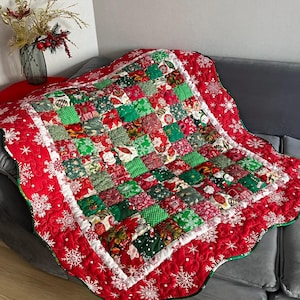 Christmas Baby Quilt – Red and Green Holiday Patchwork Blanket, Wall Hanging, 42&quot; x 50&quot;