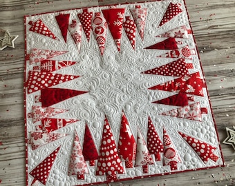 Christmas quilt, Quilting wall hanging, Winter quilting square table runner, Christmas red tree, Table topper, Xmas quilt, Santa runner