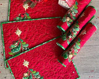 Handmade Quilted Christmas Placemats: Snowy Tree Design, Set of 6