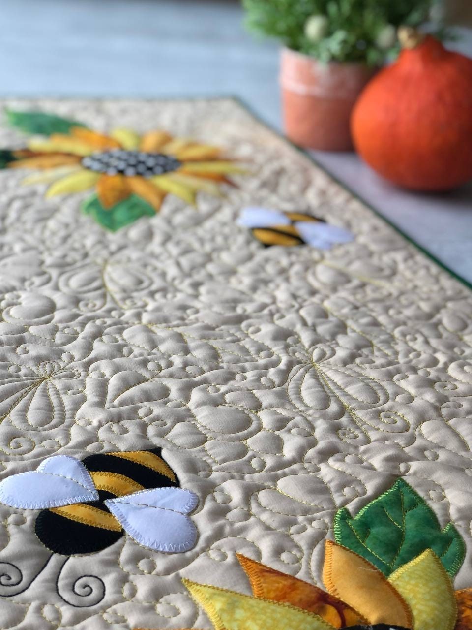 Handmade Quilted Sunflower Table Runner: Autumn Bees Decor, 16x42 ...