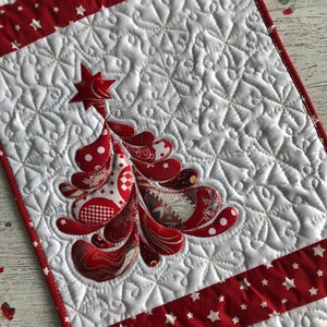 Christmas quilted long table runner, Christmas red tree, Xmas quilt, Santa runner, Table topper quilted, Bed runner, Winter quilted runner image 2