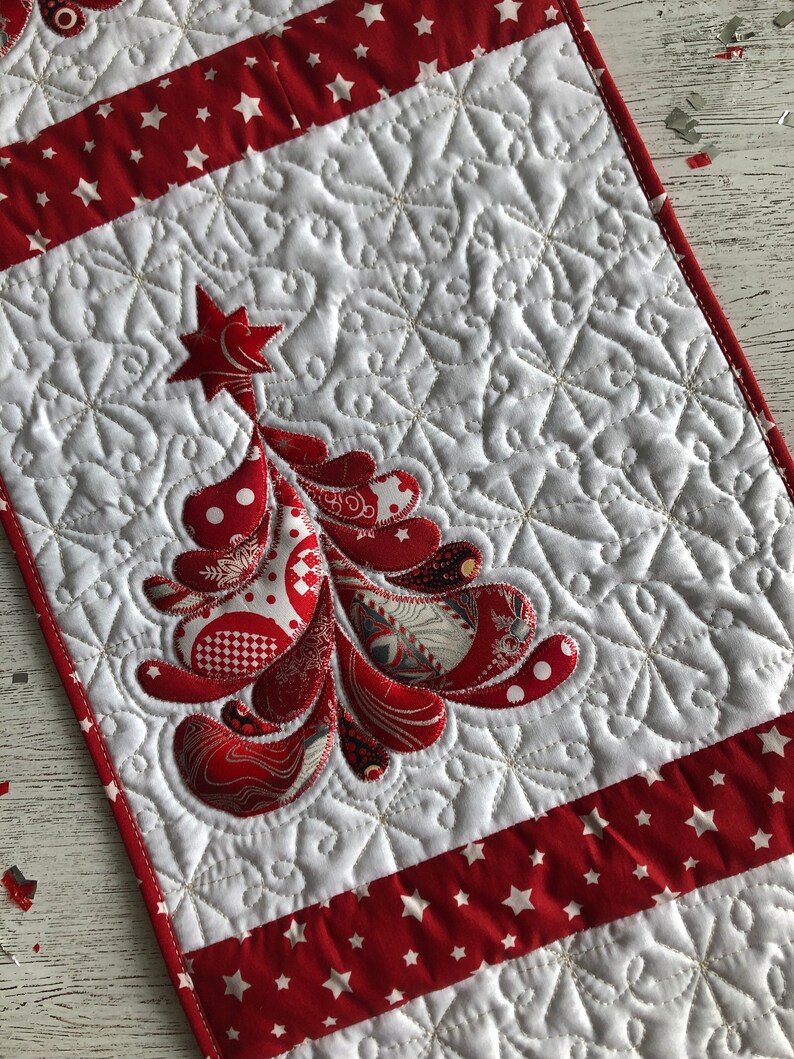 Christmas quilted long table runner, Christmas red tree, Xmas quilt, Santa runner, Table topper quilted, Bed runner, Winter quilted runner image 2