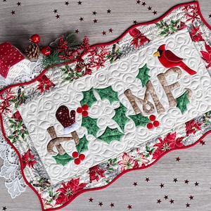 Quilted Christmas Wall Hanging “Home” – Cardinal and Holly Appliqué, Festive Table Runner, 30x17