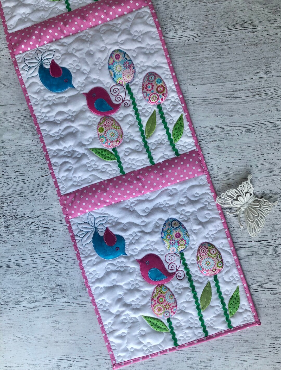 Quilted Easter Table Runner With Little Birds and Eggs, Spring Table