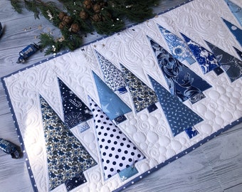 Christmas quilted table runner, Blue table topper, Xmas blue trees, Santa quilts, Winter quilt, Handmade quilted, Quilt items, Holiday decor