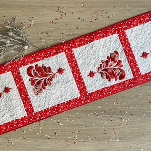 Red Quilted Christmas Tree Table Runner: Handmade Holiday Decor (16x56 inches)