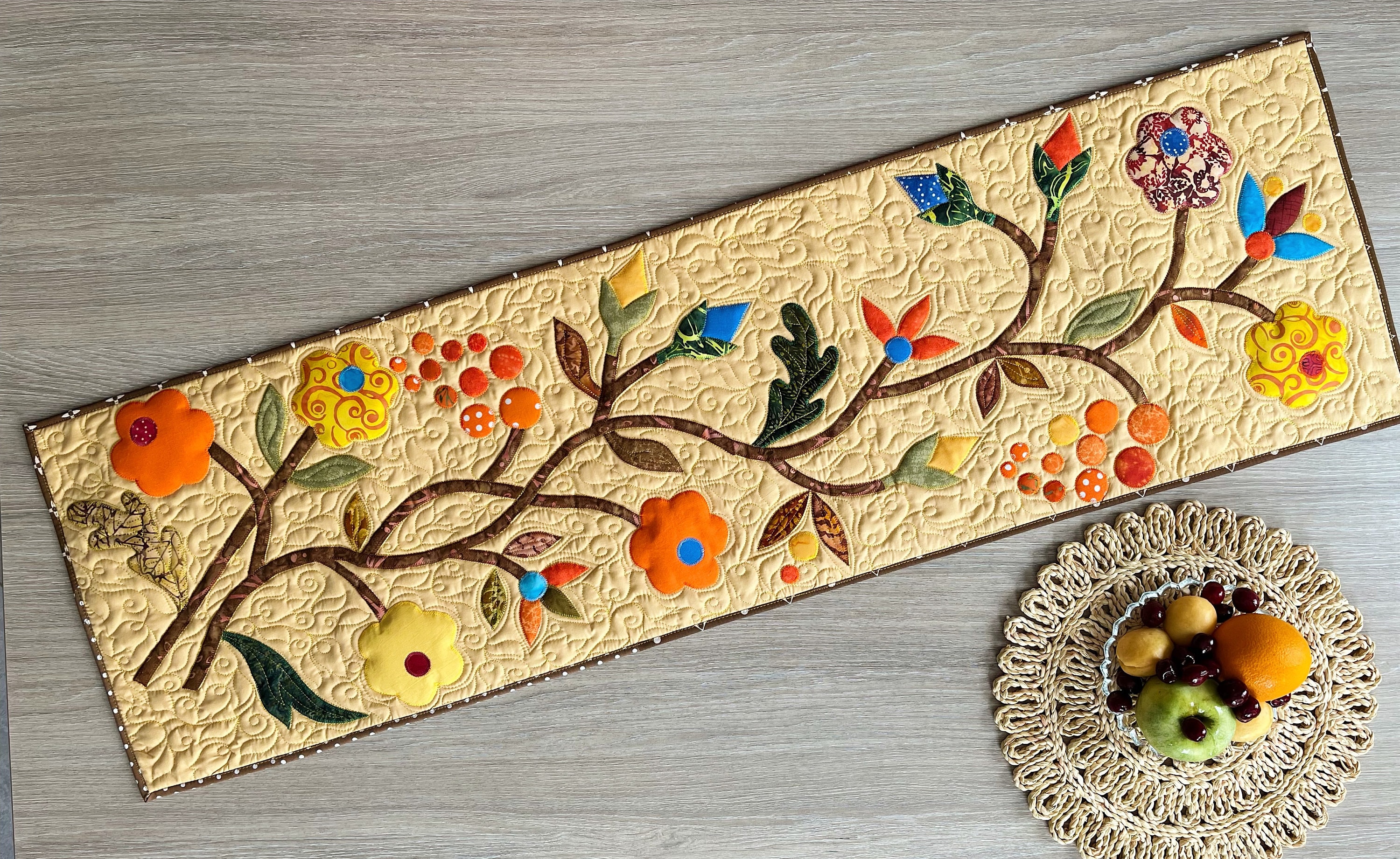 Fall Quilted Table Runner – Handmade Appliqué Flowers and Leaves – Autumn and Thanksgiving Table Décor, 15x52