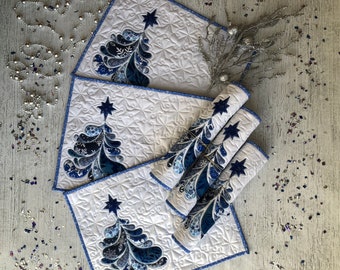 Quilted Christmas tree placemats, Blue Christmas tree quilted, Set of six, Holiday winter quilt, Xmas handmade top, Christmas table topper