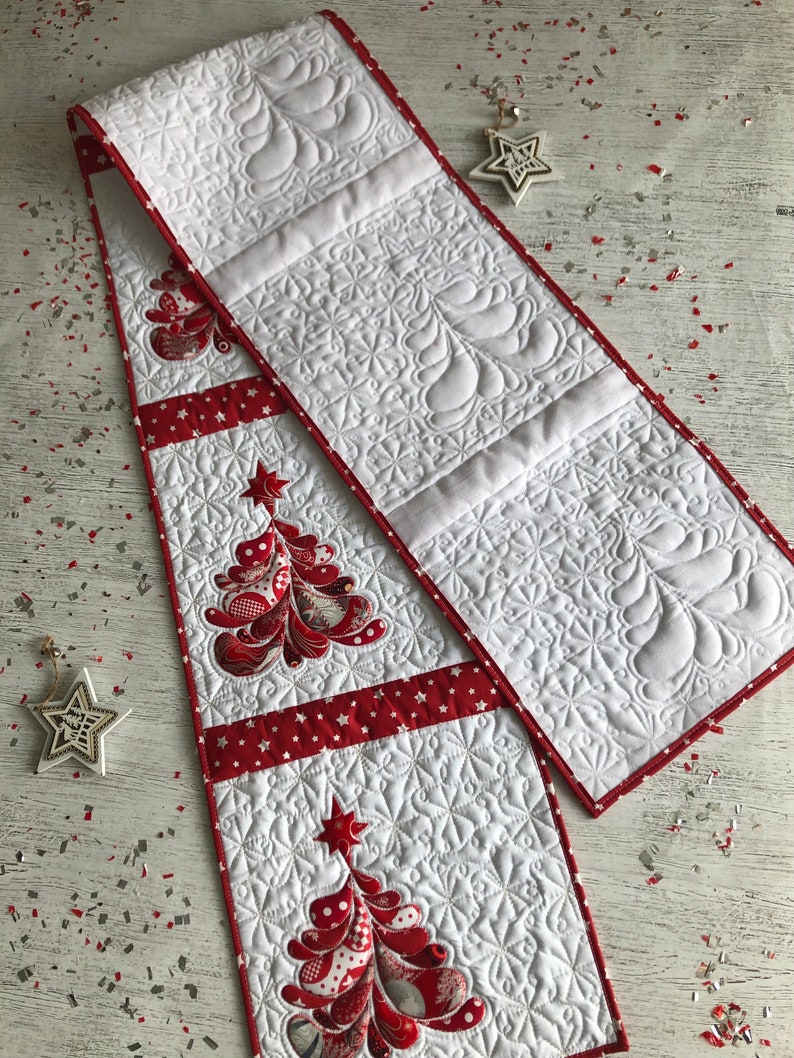 Christmas quilted long table runner, Christmas red tree, Xmas quilt, Santa runner, Table topper quilted, Bed runner, Winter quilted runner image 8