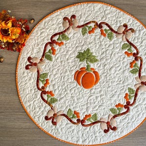 Autumn Round Quilted Table Topper – Handmade Pumpkin and Leaf Appliqué, 30" Thanksgiving Centerpiece