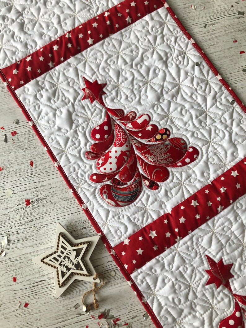 Christmas quilted long table runner, Christmas red tree, Xmas quilt, Santa runner, Table topper quilted, Bed runner, Winter quilted runner image 6