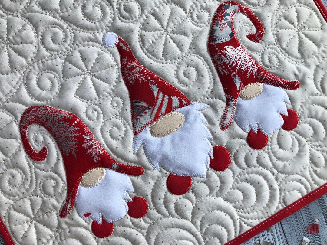 Quilted Christmas Placemats, Gnome Placemats, Set of 6, Quilted
