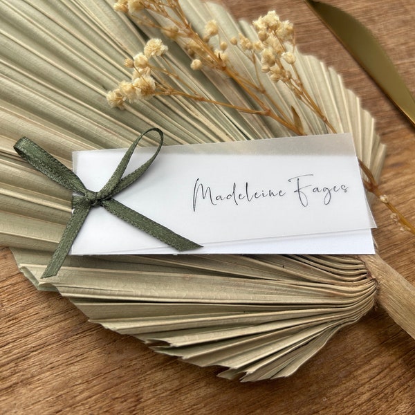 Sage Green Wedding Name Place Cards for Guests with Vellum and Ribbon Bows | Forest Green | Boho Name Card Ideas | Green Wedding Decor