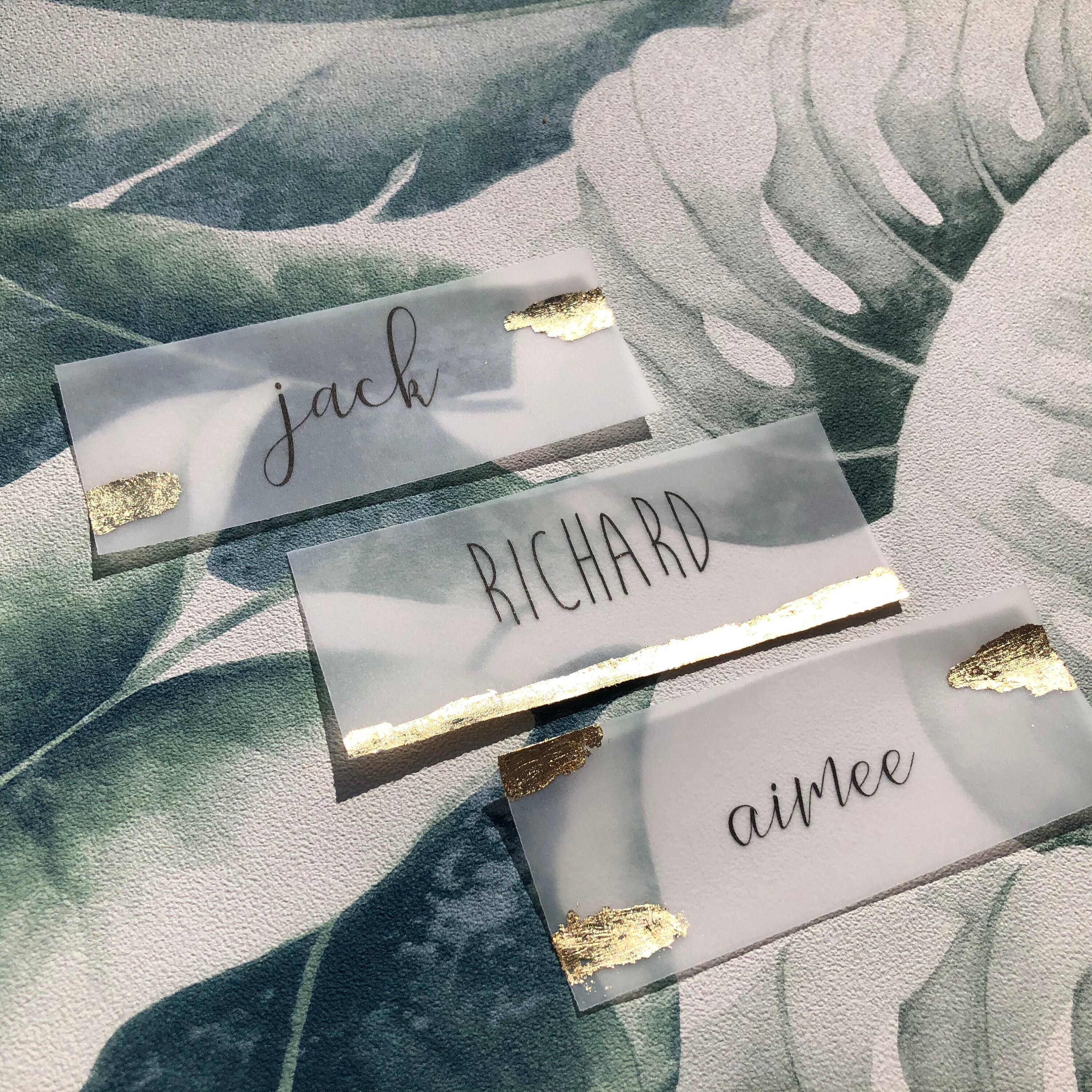 Vellum Name Place Cards Gold Leaf Flake Custom Made Sheer Etsy