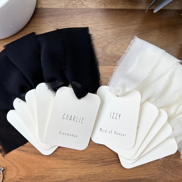 Hanger Tags for Wedding Bridal Party Dresses with Black and White Chiffon Ribbon and Modern Font