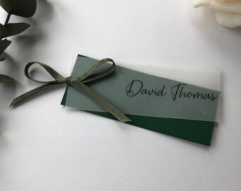 Wedding Name Place Cards with Vellum Overlay and Ribbon, Custom Made, FOREST GREEN, Sheer Namecards, Translucent Placenames, Modern