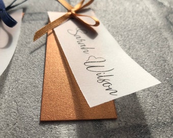 Name Place Cards with Vellum Overlay and Ribbon, Custom Made COPPER SHIMMER, Rust Wedding Palette