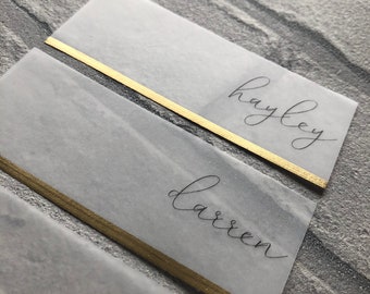 Vellum Name Place Cards Metallic Gold Dipped, Sheer Placecard, Translucent, Modern Place Name, Gold Wedding Stationery, Gold Name Tags