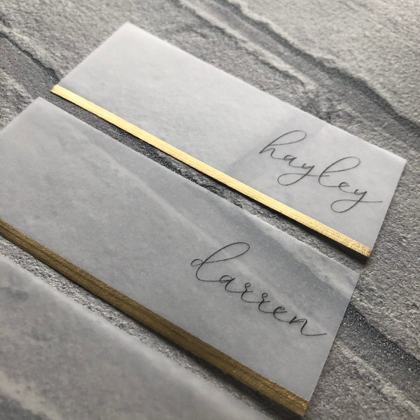 Vellum Name Place Cards Metallic Gold Dipped, Sheer Placecard, Translucent, Modern Place Name, Gold Wedding Stationery, Gold Name Tags