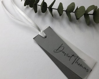 Wedding Name Place Cards with Vellum Overlay and Ribbon, Custom Made, GREY, Sheer Nameplaces, Translucent Namecards, Modern Place Names