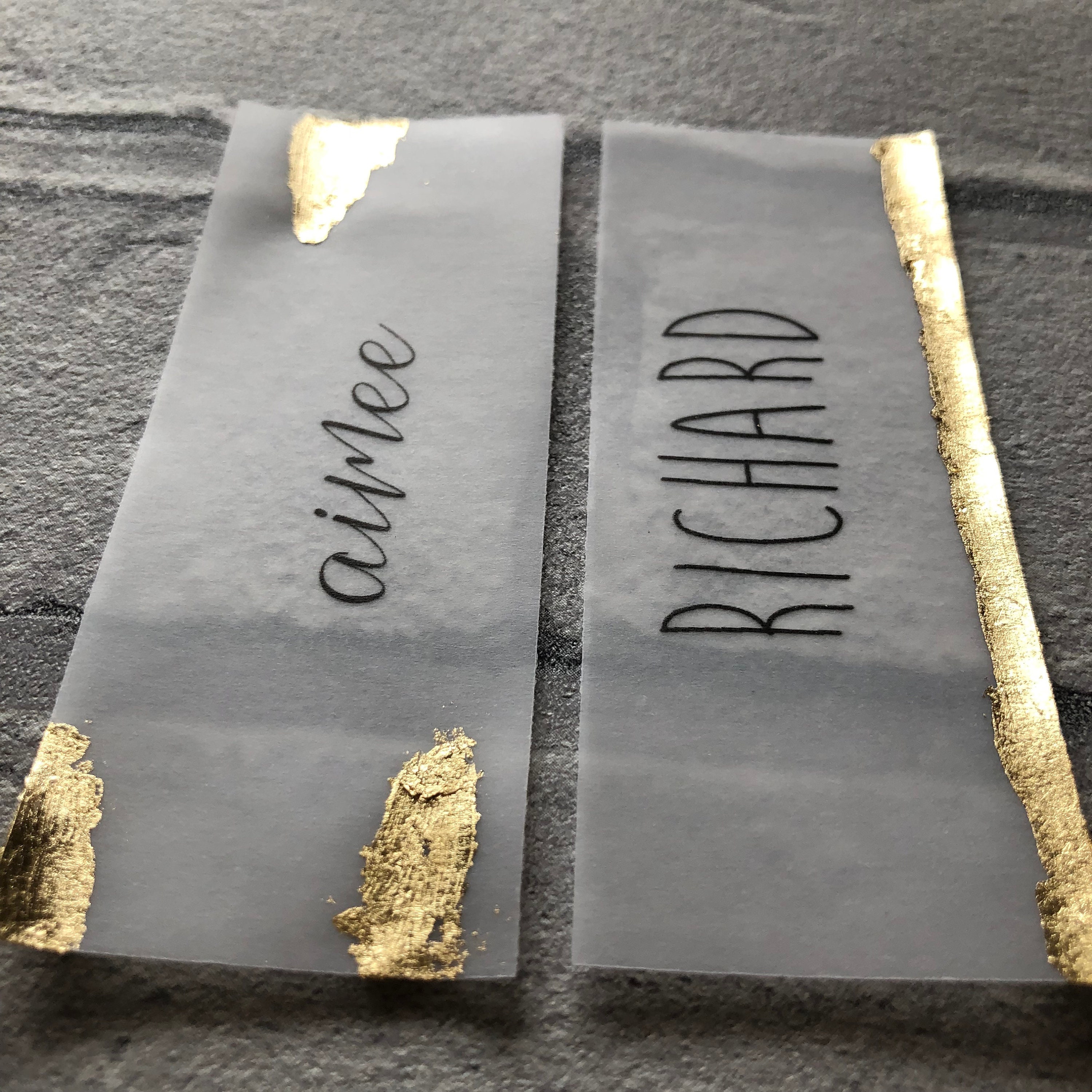 Vellum Name Place Cards Gold Leaf Flake Custom Made Sheer Etsy