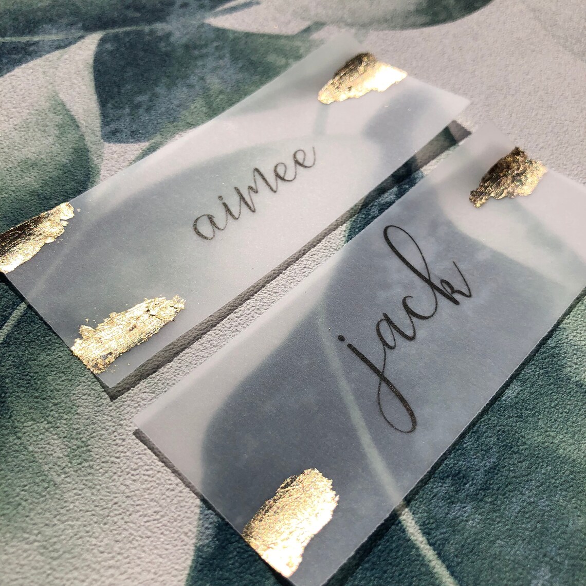 Vellum Name Place Cards Gold Leaf Flake Custom Made Sheer Etsy