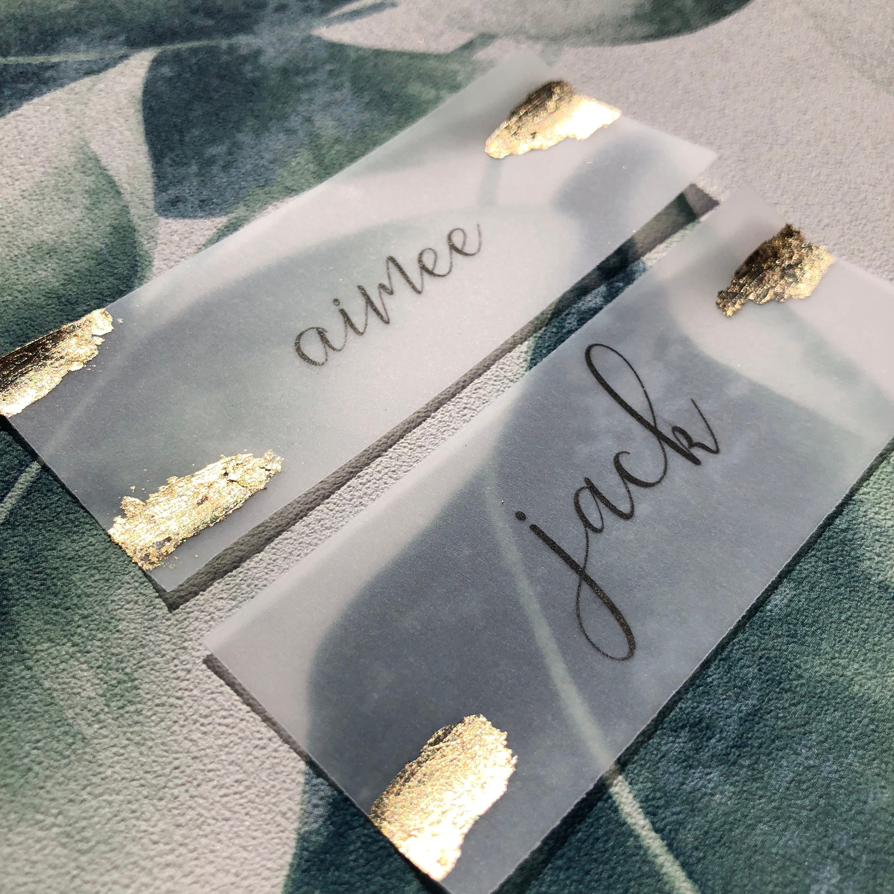Vellum Name Place Cards Gold Leaf Flake Custom Made Sheer Etsy