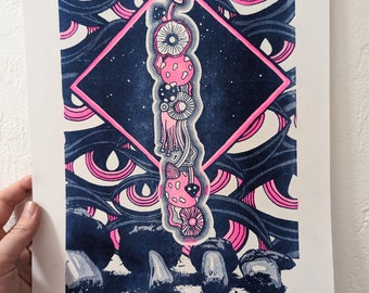 Mushroom Navy & Pink Risograph Print 11 x 14'' Limited Run of 30