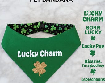 Green St. Patricks Day Reversible Shamrock Pet Bandana (XSmall/Small/Medium/Large) - Snap on - Custom Vinyl