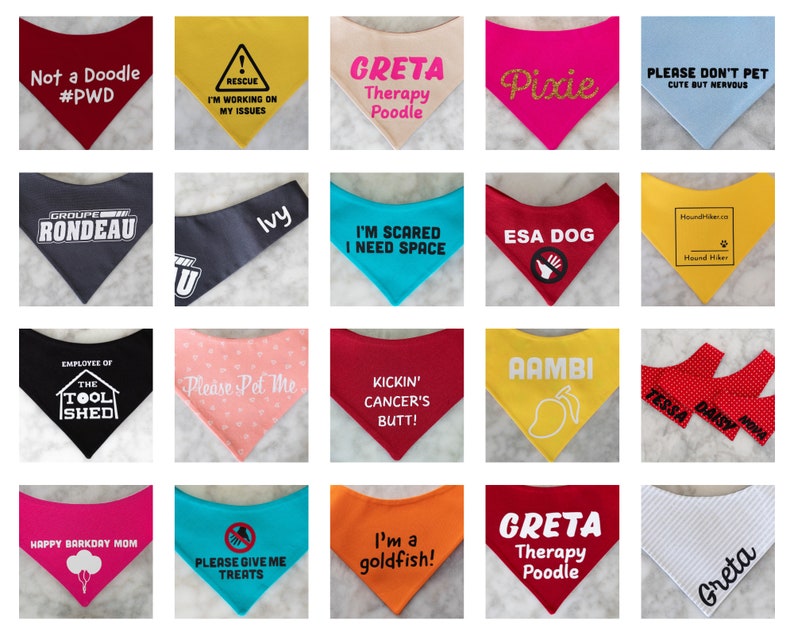 May include: A collection of twenty triangular pet bandanas in various colors including red, yellow, pink, blue, black, and orange. Each bandana features unique printed text or graphics such as names, warning messages, and playful phrases for pets.