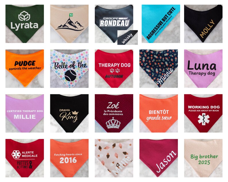 May include: A collection of twenty triangular pet bandanas in various colors and patterns, featuring custom text and graphics including names, titles, and symbols like crowns, mountains, and medical emblems, displayed in a grid layout.