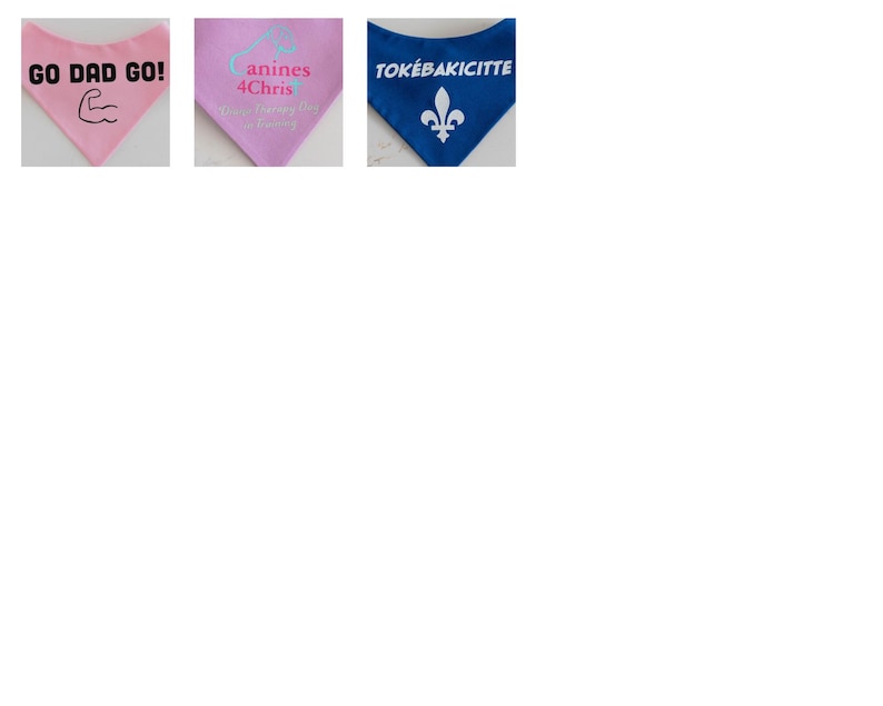 May include: Three triangular pet bandanas. The first is pink with black text reading GO DAD GO! and a bicep icon. The second is light pink with teal and pink text reading Canines 4Chris. The third is blue with white text reading TOK&Eacute;BAKICITTE and a fleur-de-lis.
