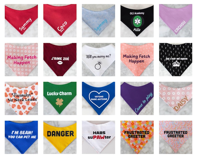 May include: A collection of twenty triangular pet bandanas in various colors and patterns, including solid red, black, blue, yellow, white, and floral prints. Each bandana features custom text, names, or graphic icons like hearts, crowns, and clovers.