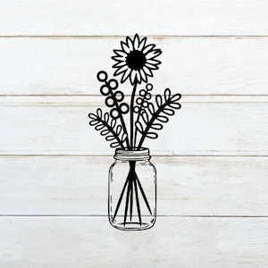 Tournesol Mason Jar SVG | Bouquet de tournesol SVG | Mason Jar Vase de fleurs SVG | Pays Tournesol Svg | Farmhouse Flower Bouquet Cut Fichier