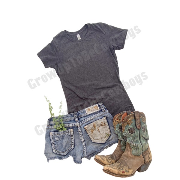 Gray T-Shirt Summer Mock Photo | Ladies Mock Up T-Shirt Boots|  Country Girl Mockup Photo | Country Western Mockup Photo | Mock-up Picture