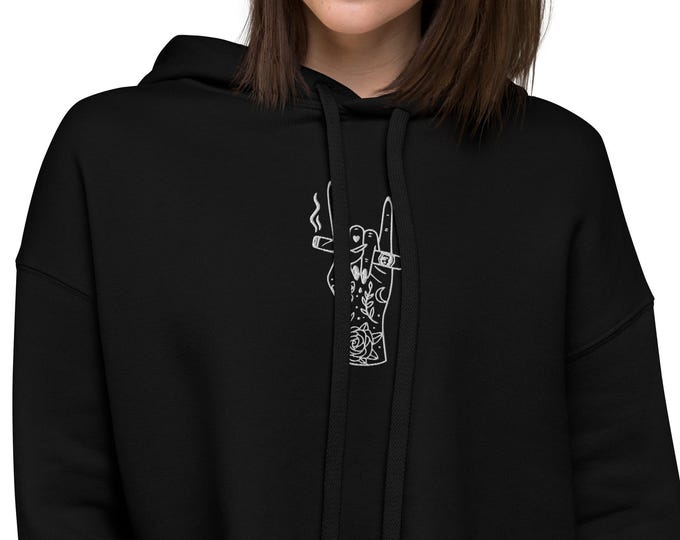 Embroidered Tattoo Hand Cropped Hoodie - Rock & Smoke - Bella + Canvas