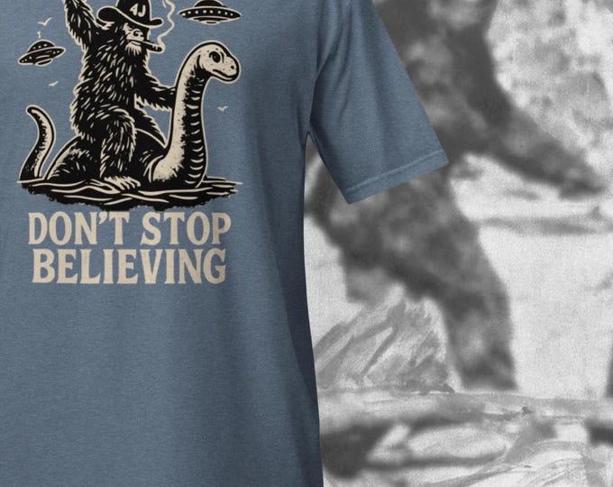 Bigfoot Riding Nessie T-Shirt: Retro UFO Cryptid Tee