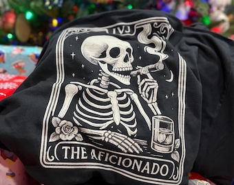 The Aficionado Tarot Card Tee | Four John’s Apparel | Skeleton Cigar Art Shirt | Vintage Tarot Cigars T-Shirt | Cigar Lover Gift