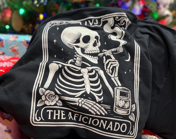 The Aficionado Tarot Card Tee | Four John’s Apparel | Skeleton Cigar Art Shirt | Vintage Tarot Cigars T-Shirt | Cigar Lover Gift