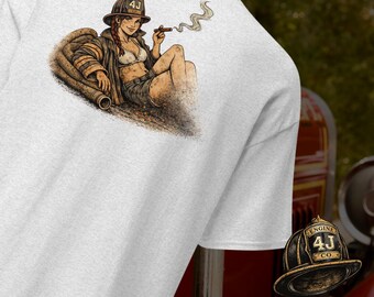 Firefighter Shirt 4J Engine Co | Vintage Firefighter Pin Up Tee | Firefighter Apparel | Cigar Graphic Tee | Blue Collar Shirt
