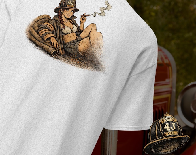 Firefighter Shirt 4J Engine Co | Vintage Firefighter Pin Up Tee | Firefighter Apparel | Cigar Graphic Tee | Blue Collar Shirt