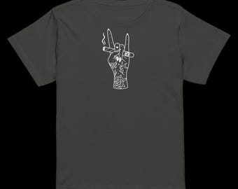 Rock & Smoke Tattoo Hand – Women’s High-Waisted Cigar Tee | Four John’s Apparel