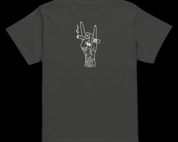 Rock & Smoke Tattoo Hand – Women’s High-Waisted Cigar Tee | Four John’s Apparel