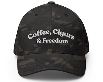 Coffee, Cigars & Freedom Hat, Flexfit Camo Cap
