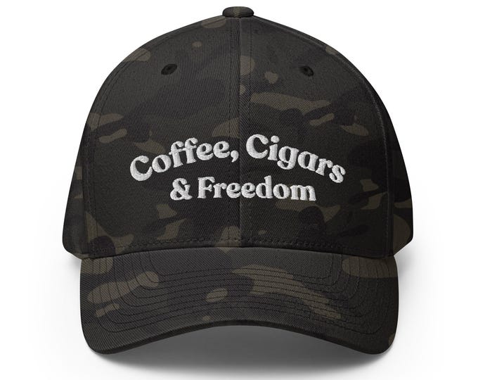 Coffee, Cigars & Freedom Hat, Flexfit Camo Cap