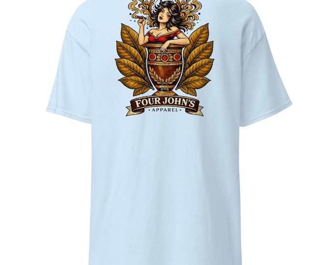 Cigar Pinup Tattoo Flash T-Shirt – Vintage Cigar Lounge Graphic Tee – Traditional Tattoo Style – Tobacco Leaf Shirt