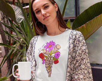 T-shirt d’Halloween, bouquet de crâne, tee-shirt à main squelette, cadeaux, Juste pour vous, Chemise bouquet squelette, Chemise squelette, Tee-shirt à main squelette floral,