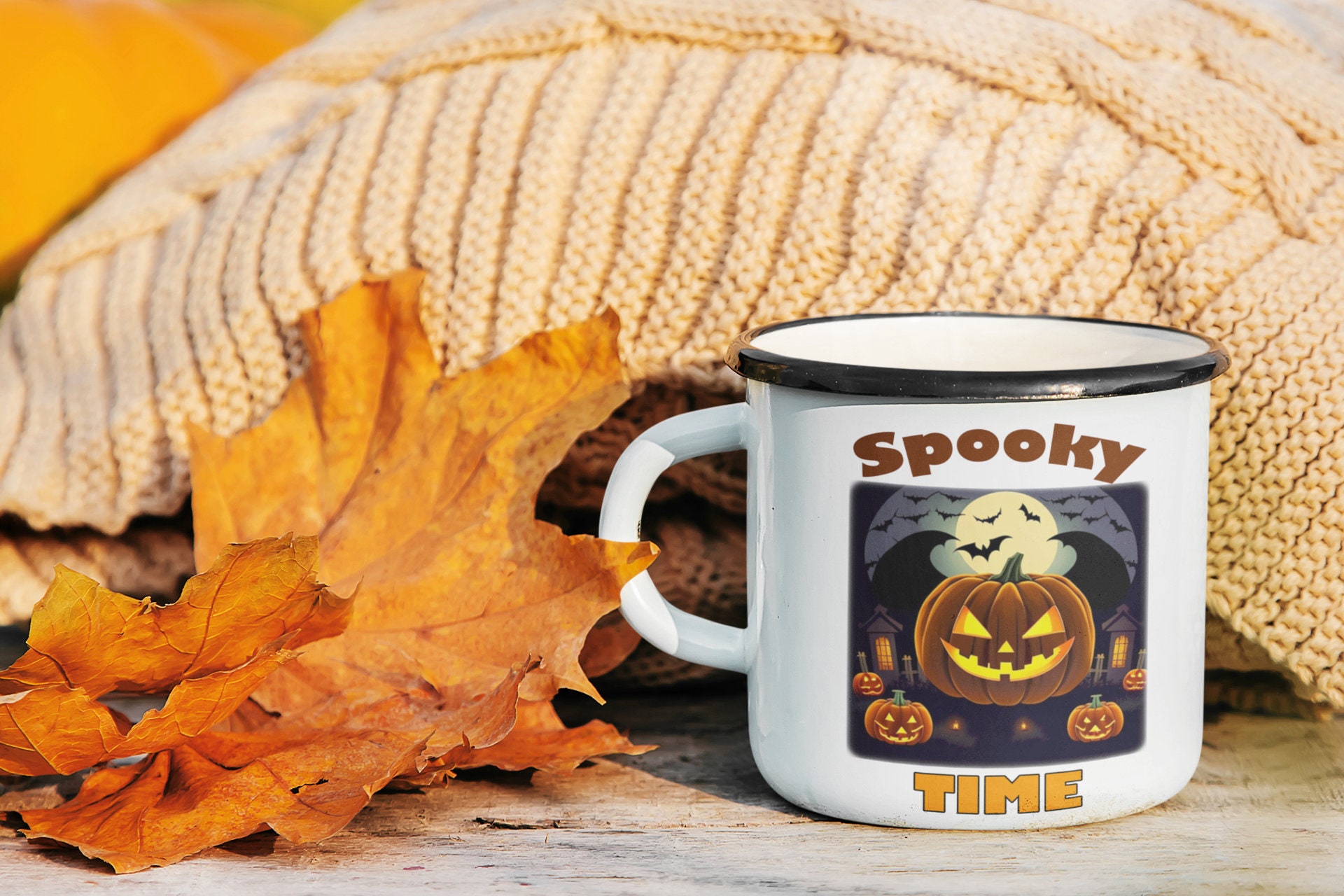 Enamel Spooky Mug, Enamel mug, Pumpkin Enamel Mug, Camping Mug, Enamel Camping Mug, Spooky Time, Spooky Pumpkin,