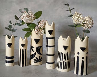 Cat vase, ceramic cat vase, handmade and hand painted
